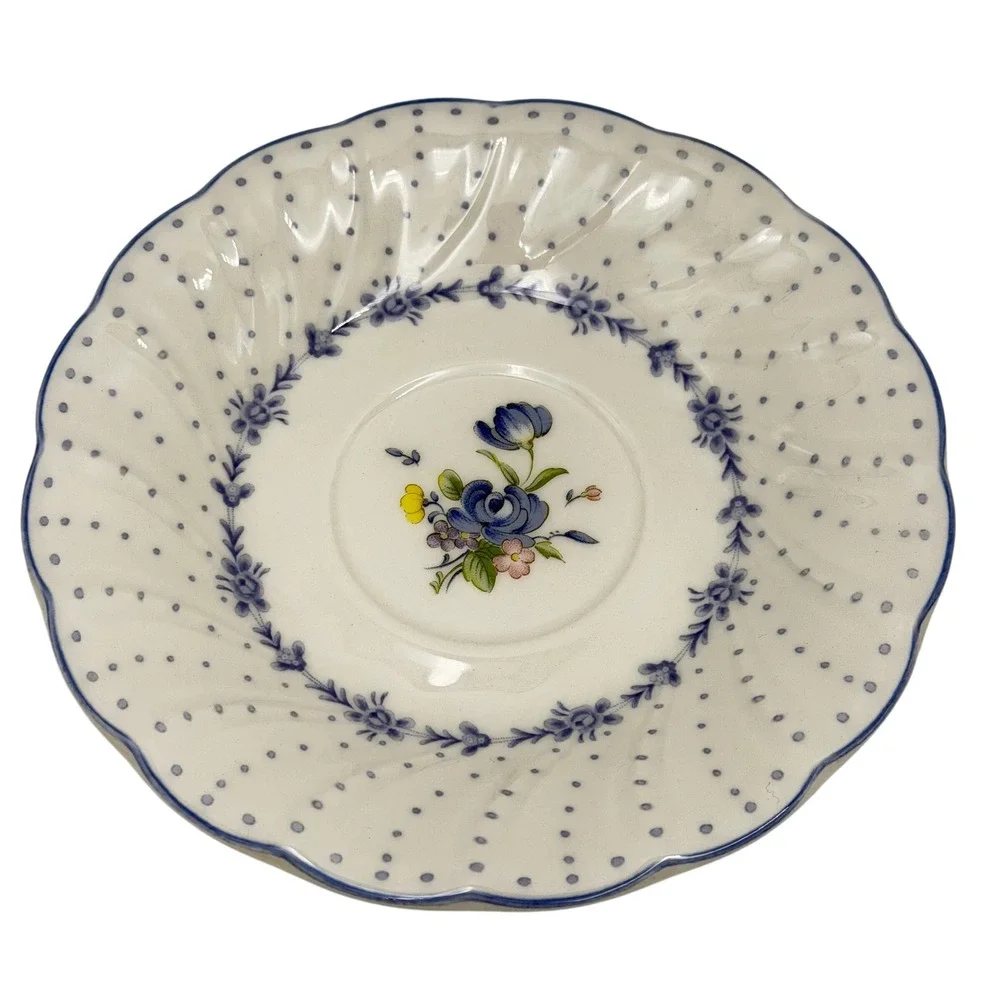 Vtg Nikko Blue Peony Floral Polka Dot Tea Cup and Saucer Swirl Set of 2 READ